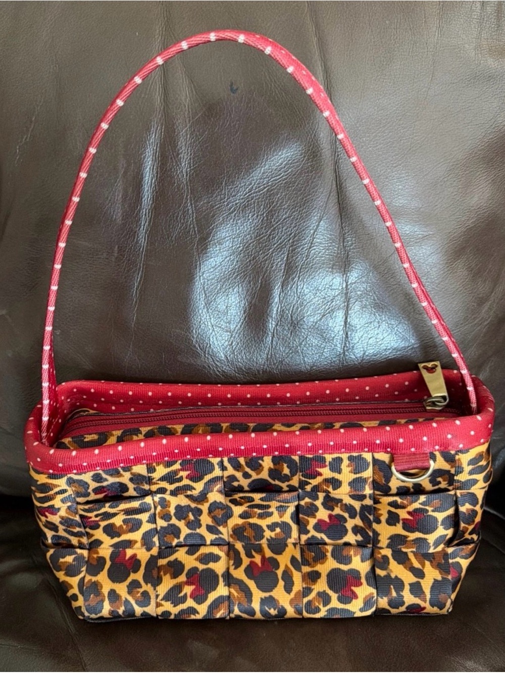 Leopard Print Woven Shoulder Bag with Red Trim